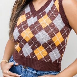 Y2K Vintage Brown Leopard Argyle Sweater Vest | Small